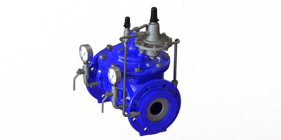 شیر کنترل جریان با فشار حداکثر PN16 با پورت کامل از جنس استنلس استیل با دیافراگم تقویت شده با نایلون و رنگ آبی Ral5005